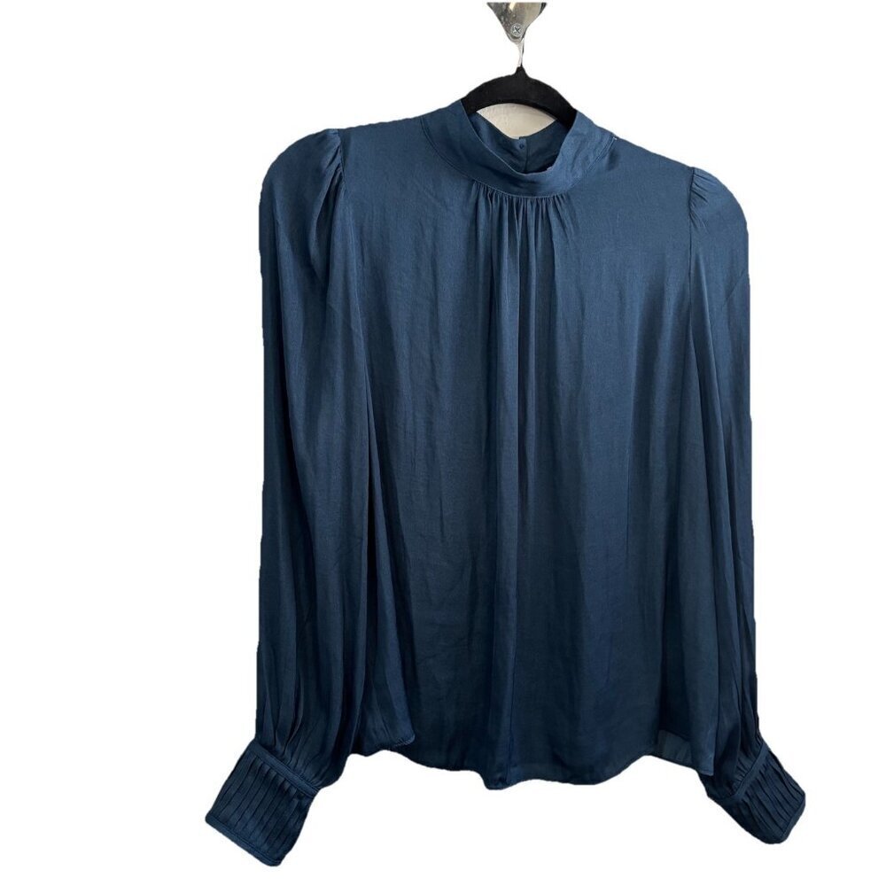 maison d' amelie top High Neck Long Sleeve Pleated Cuffs Blue Satin Size Med